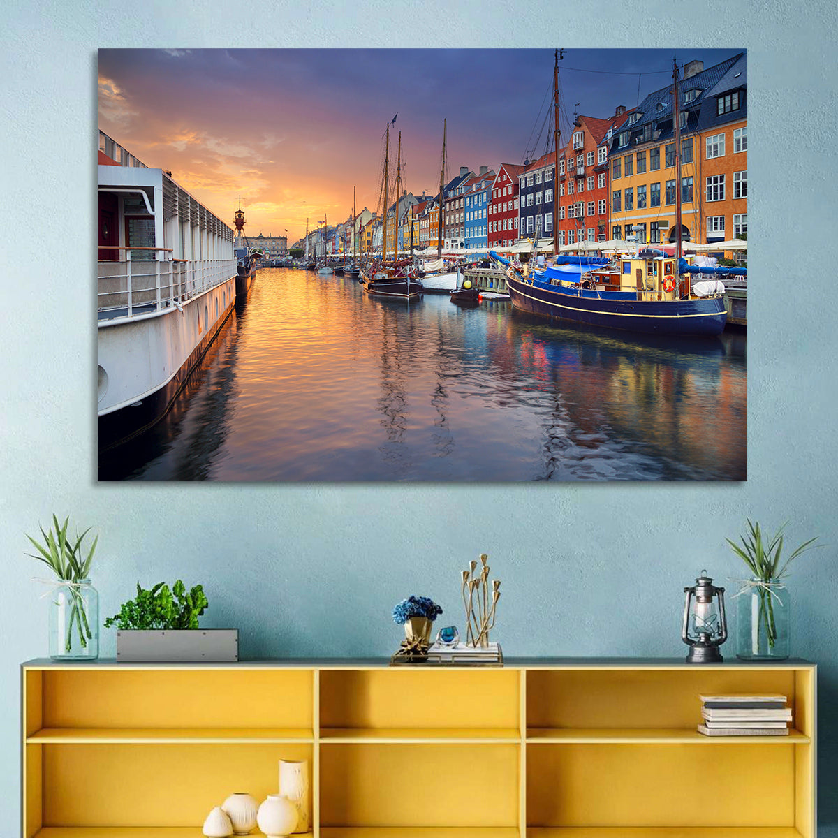 Nyhavn Canal at Sunset Wall Art in a room, landscape