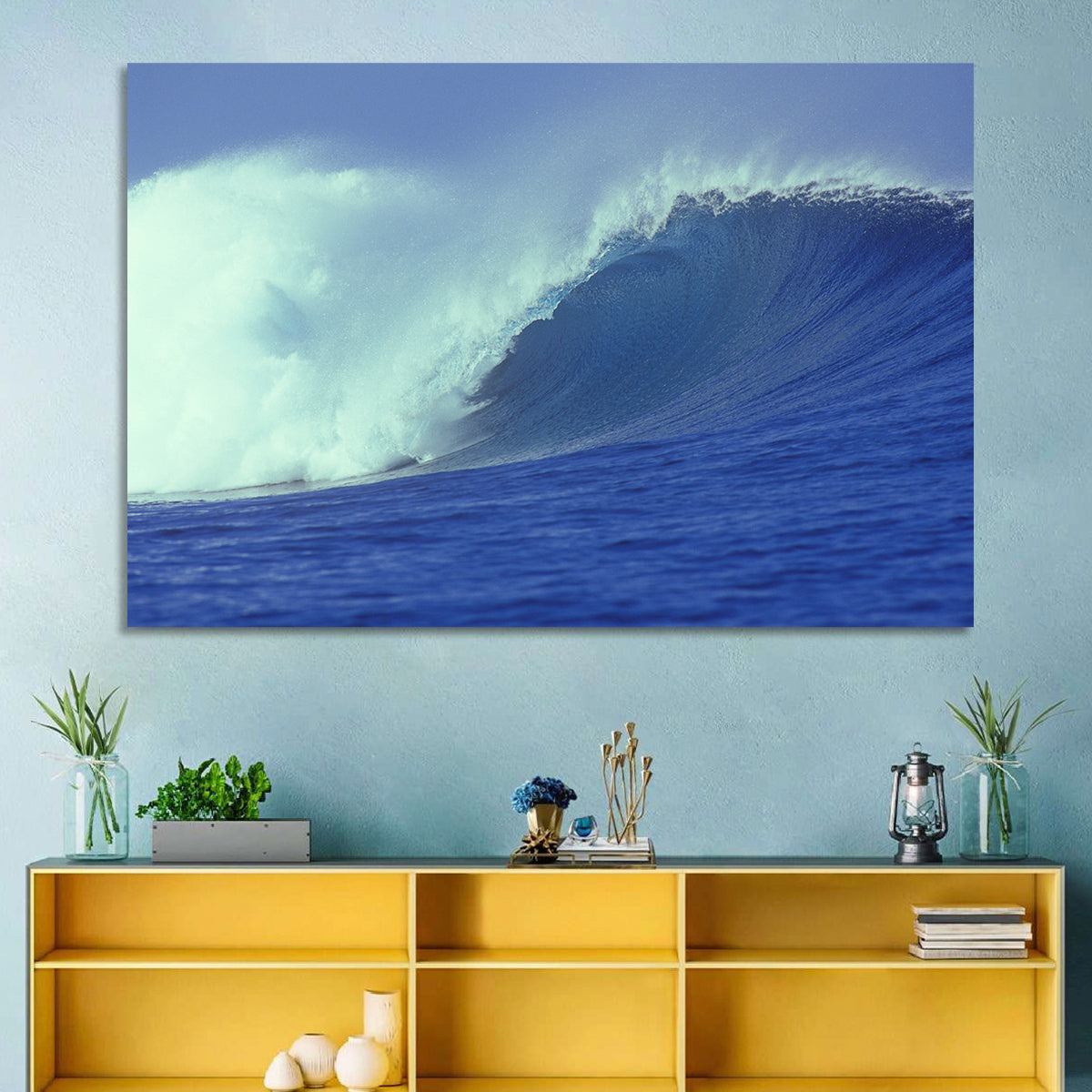 Deep Blue Barrel Wave Wall Art in a room, landscape