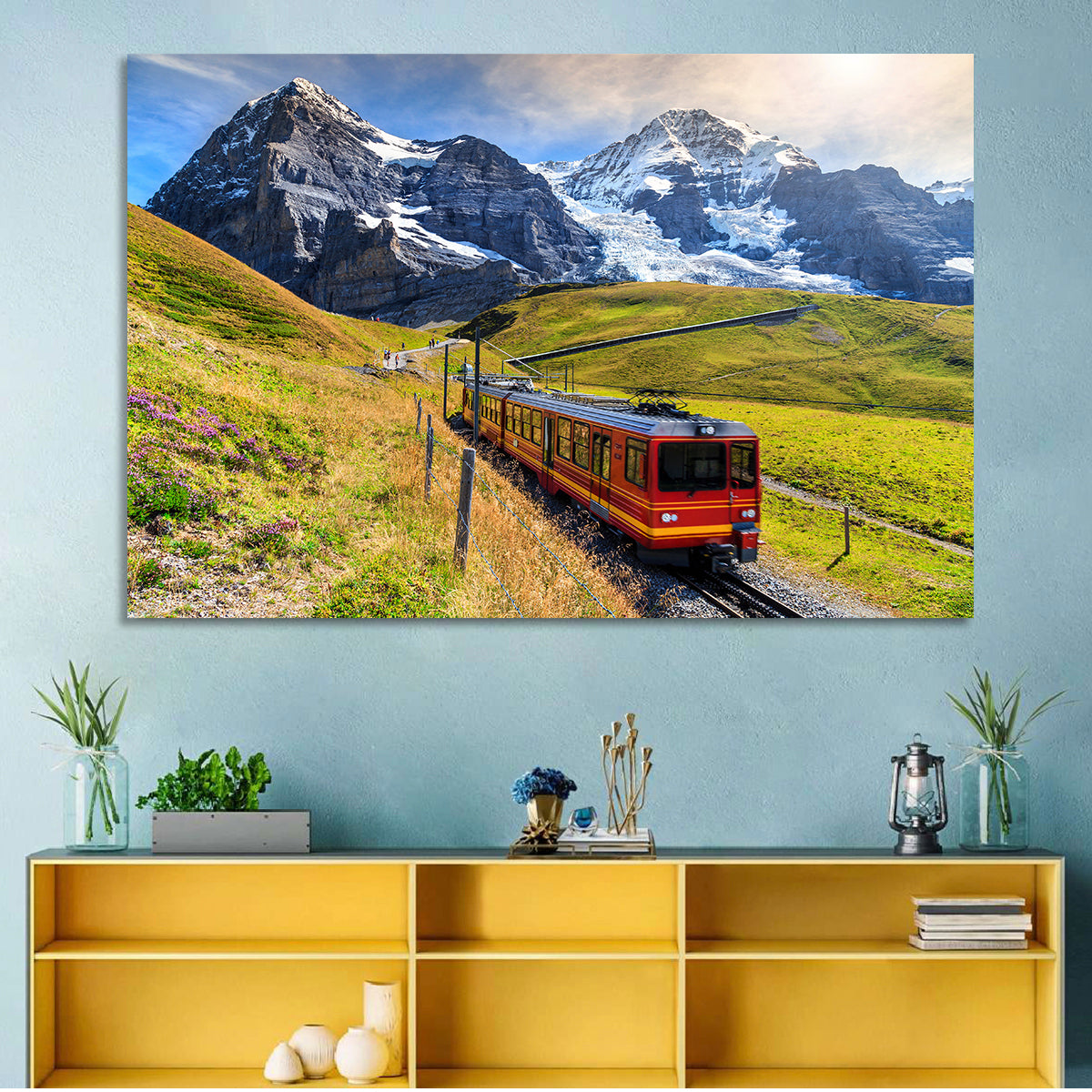 Red Alpine Train at Eiger Wall Art in a room, landscape