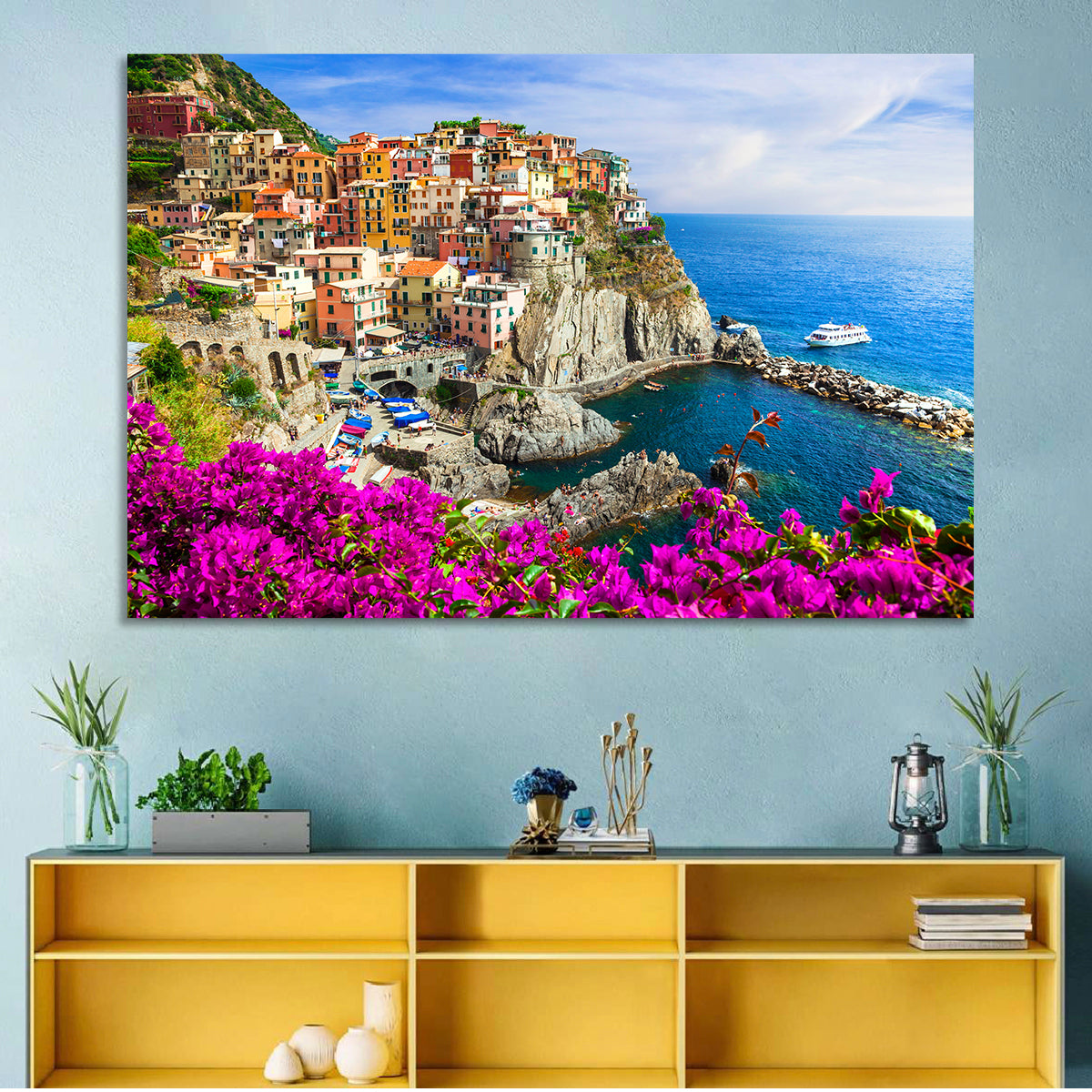 Manarola Cliffside Village Wall Art in a room, landscape