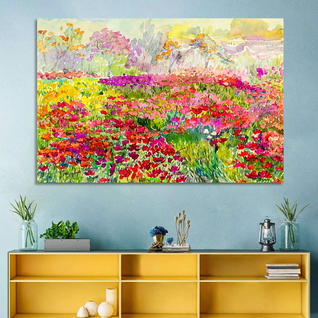 Summer Poppy Meadow Watercolor Wall Art