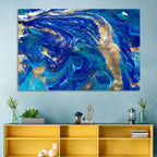 Blue and Gold Liquid Marble Swirls Wall Art