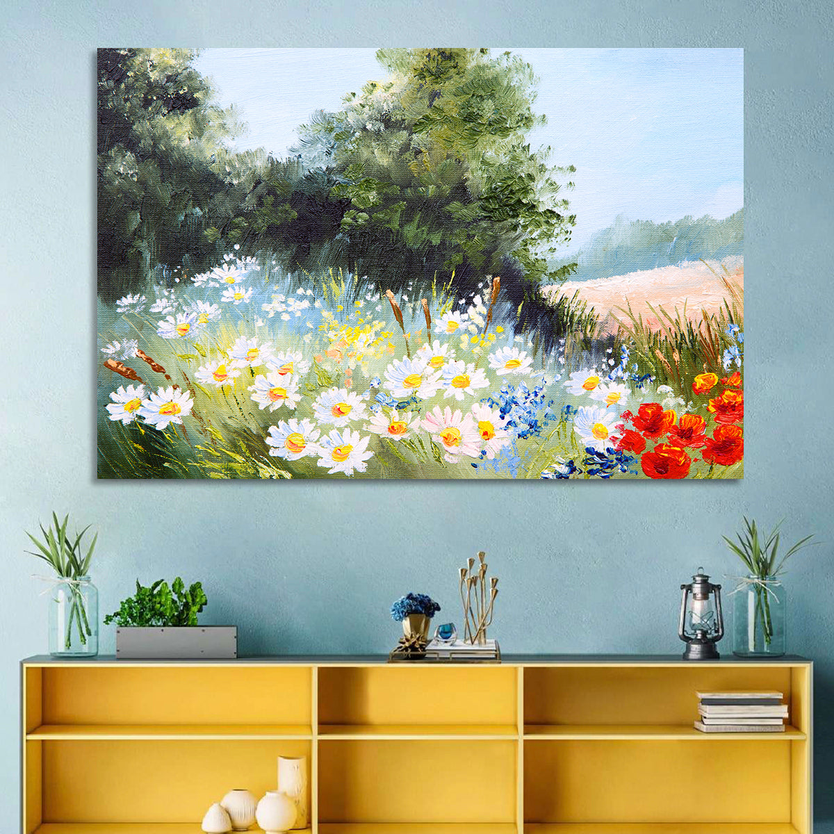 Sunny Daisy Meadow with Red Poppies Wall Art in a room, landscape
