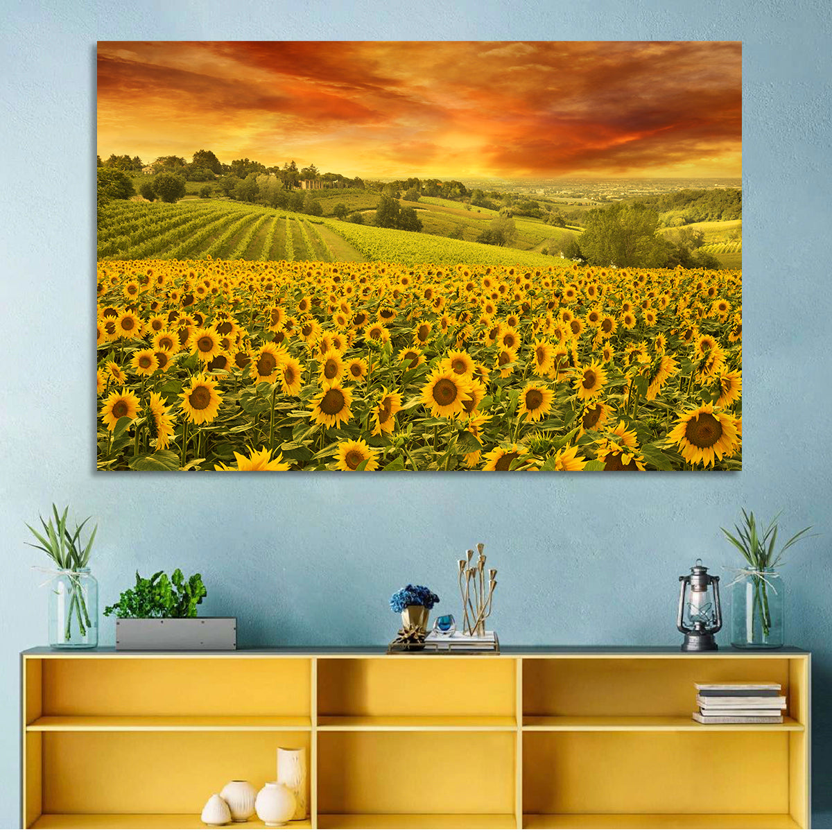 Sunflower Field at Golden Hour Wall Art in a room, landscape