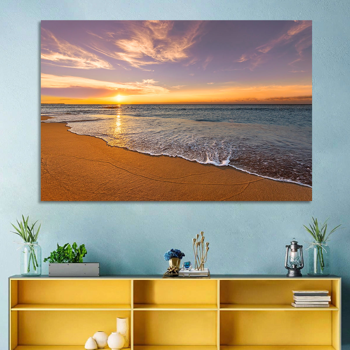 Sunrise Over Ocean Beach Wall Art in a room, landscape
