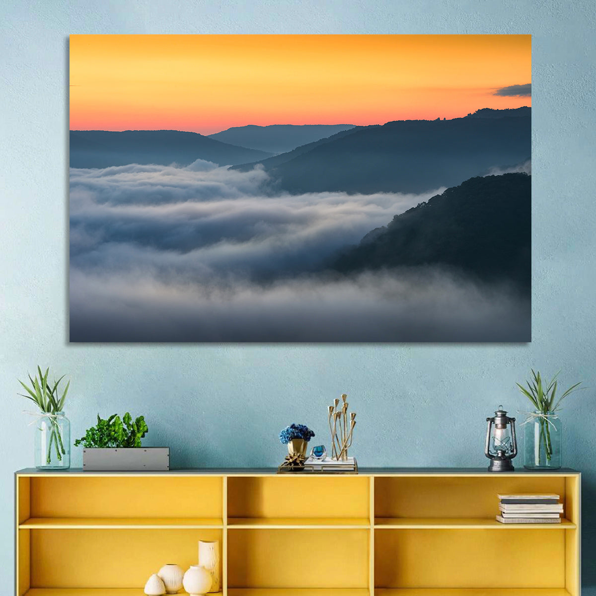 Foggy Mountains West Virginia Wall Art in a room, landscape