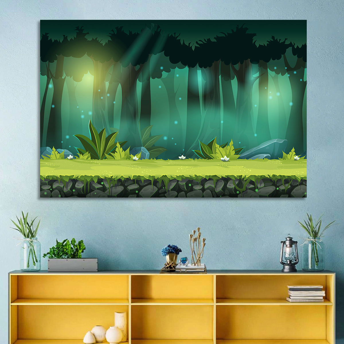 Enchanted Digital Forest Landscape Wall Art in a room, landscape