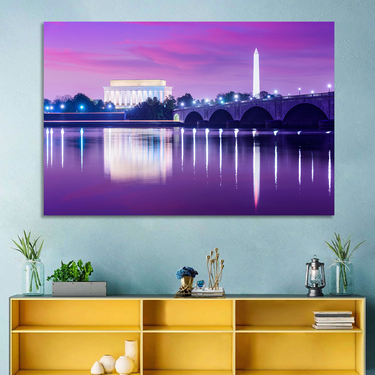 Purple Twilight Washington D.c. Skyline Wall Art in a room, landscape
