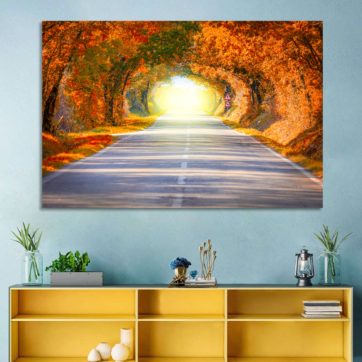 Golden Autumn Tree Tunnel Wall Art in a room, landscape