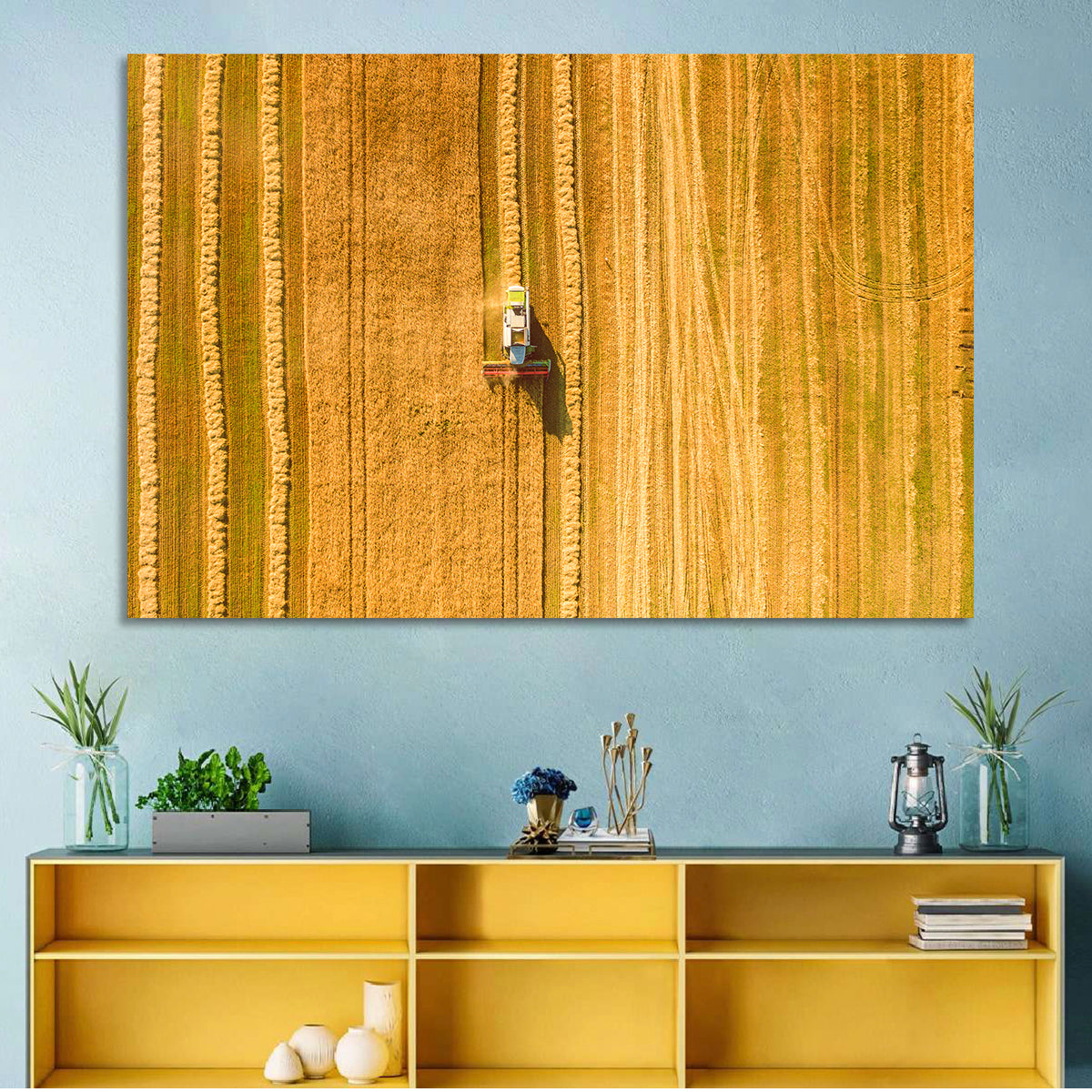 Aerial Wheat Harvest Wall Art in a room, landscape