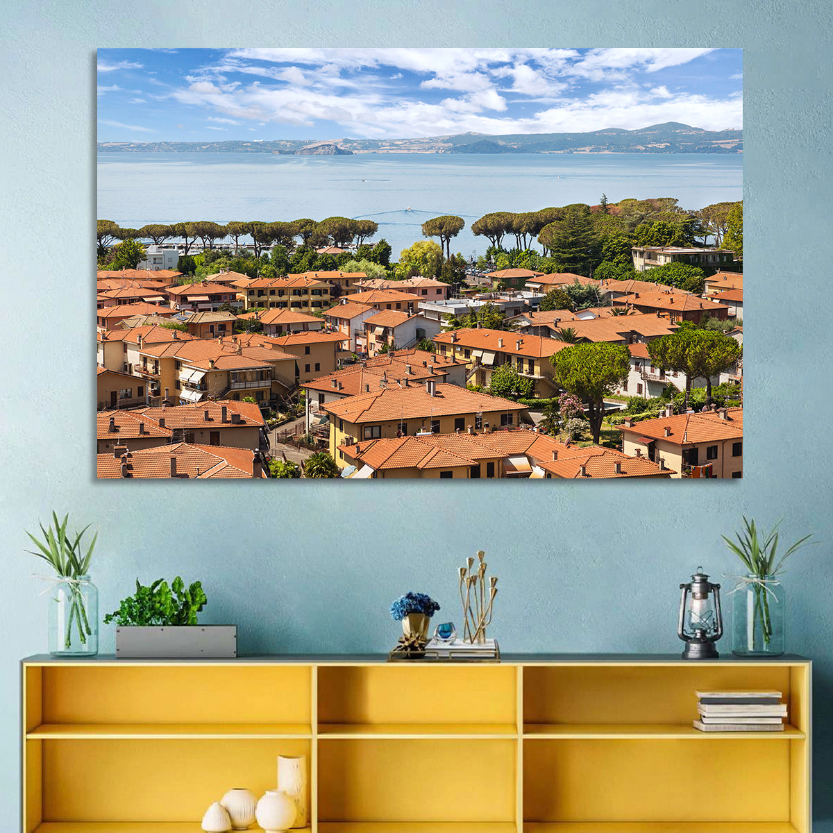 Bolsena Lakeside Vista Wall Art in a room, landscape