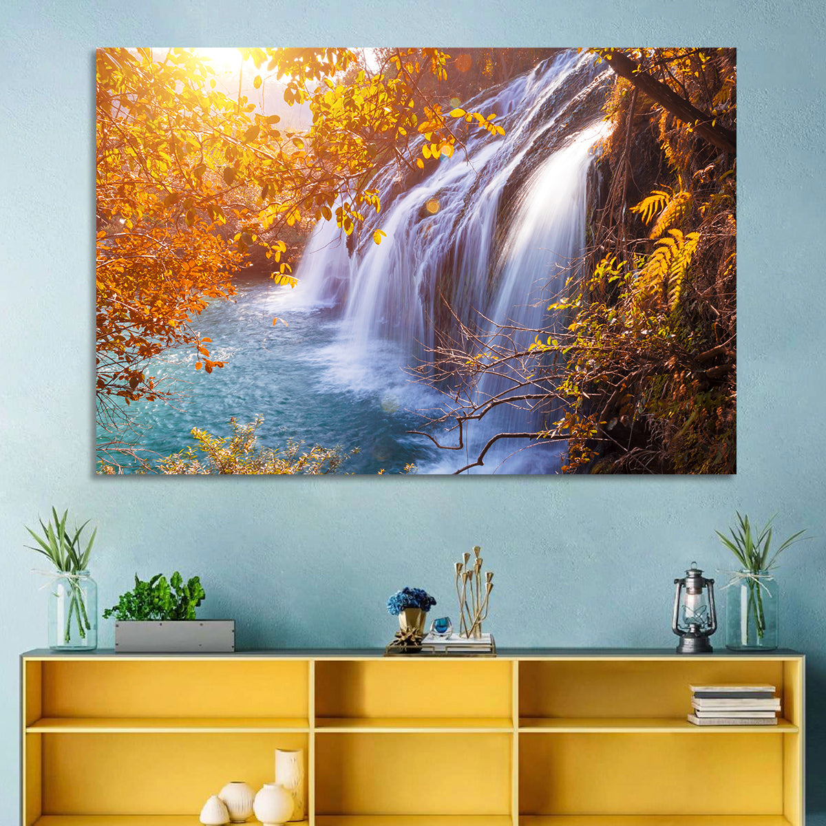 Golden Hour Waterfall in Autumn Forest Wall Art