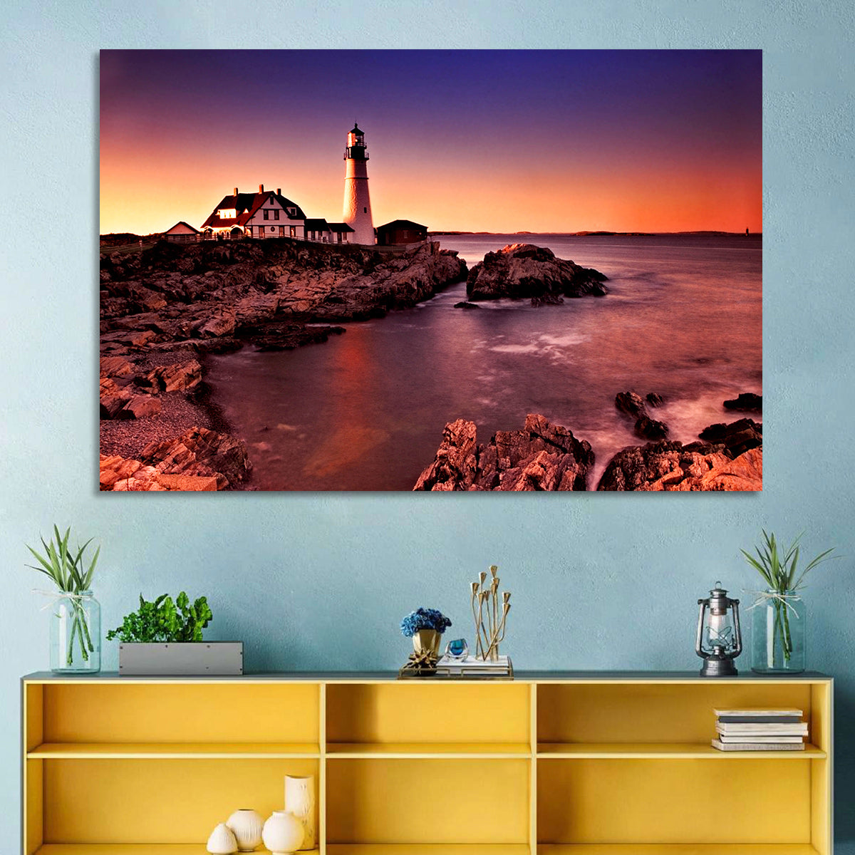 Portland Head Light at Dusk Wall Art in a room, landscape