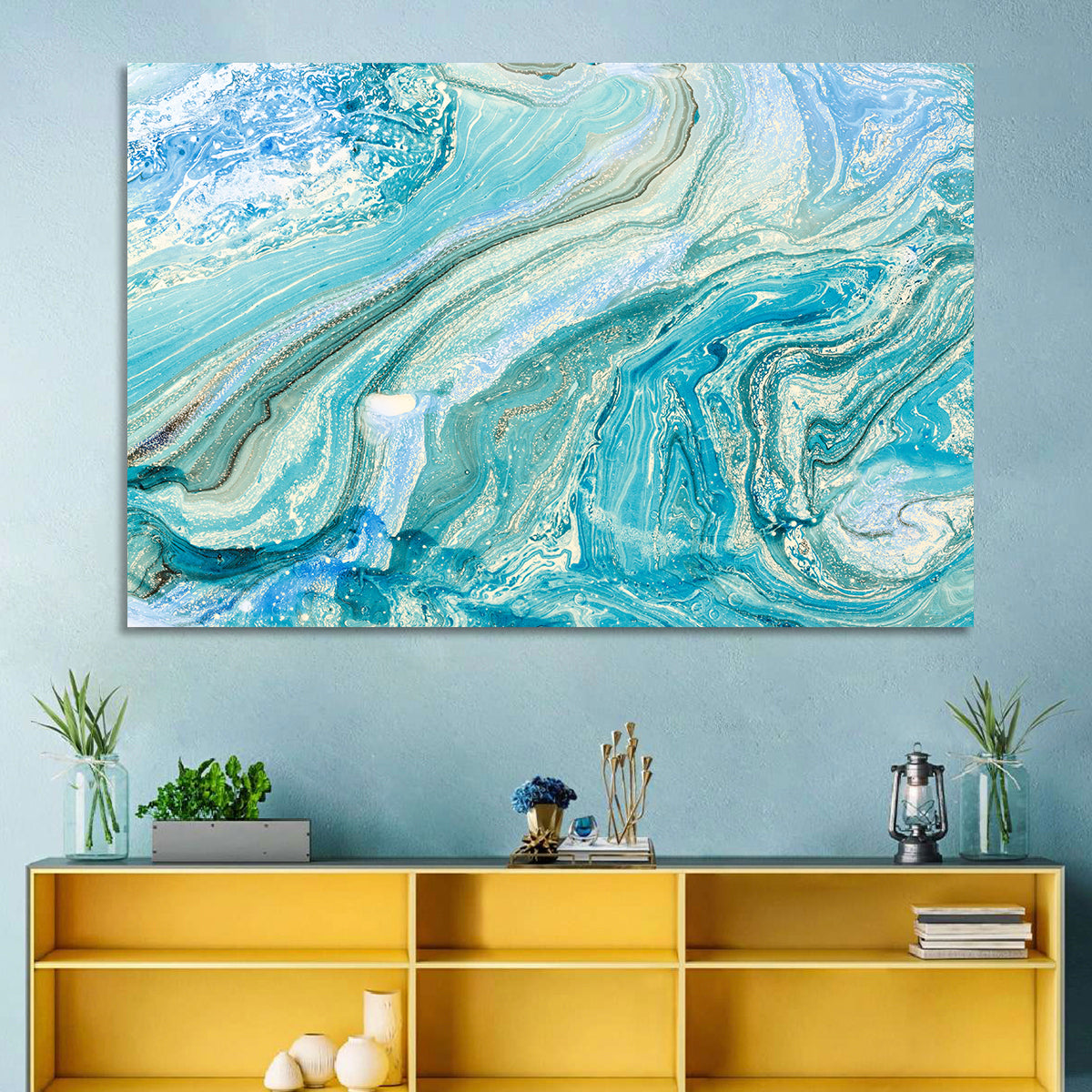 Aqua Marble Swirls with Silver Accents Wall Art in a room, landscape
