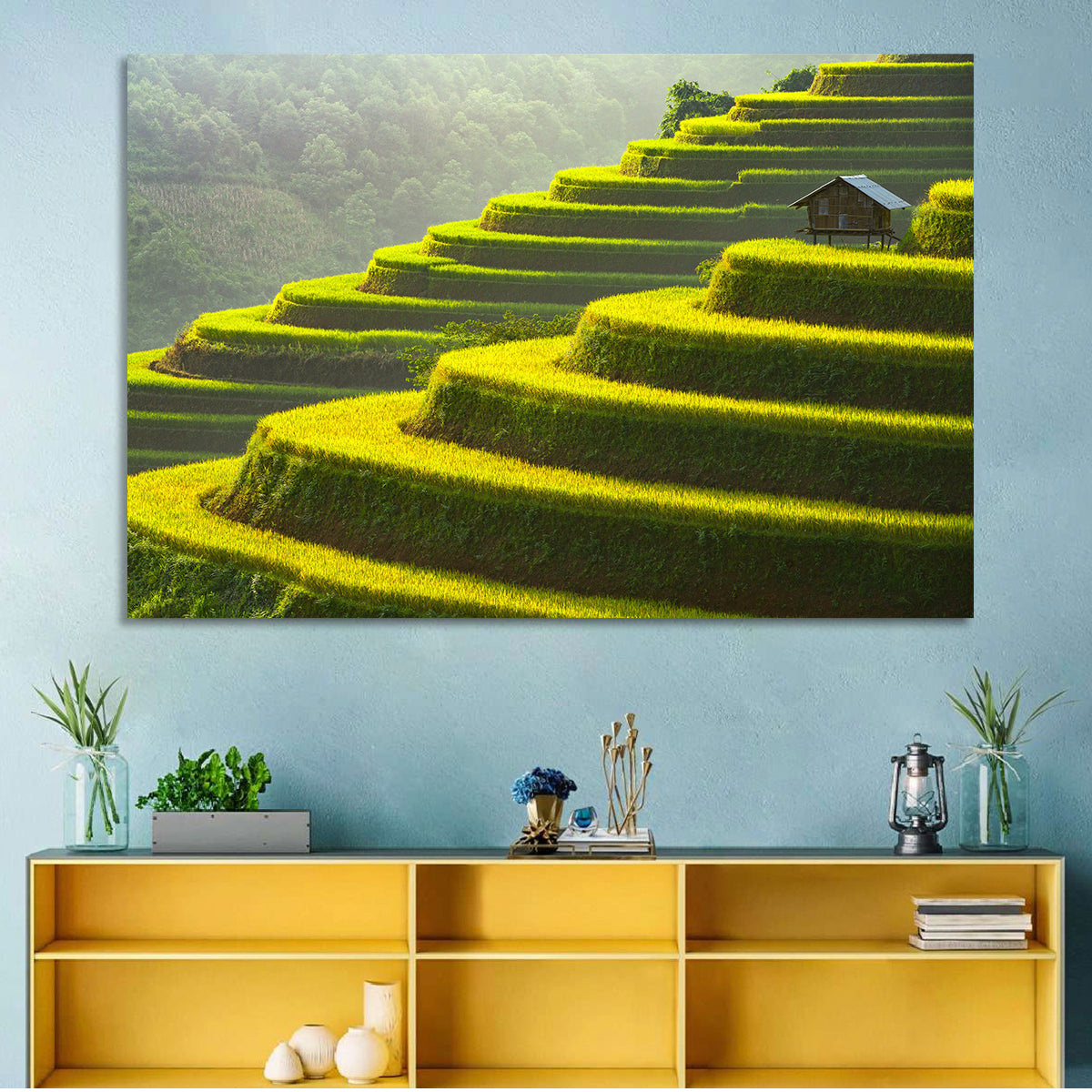 Golden Rice Terraces Wall Art in a room, landscape
