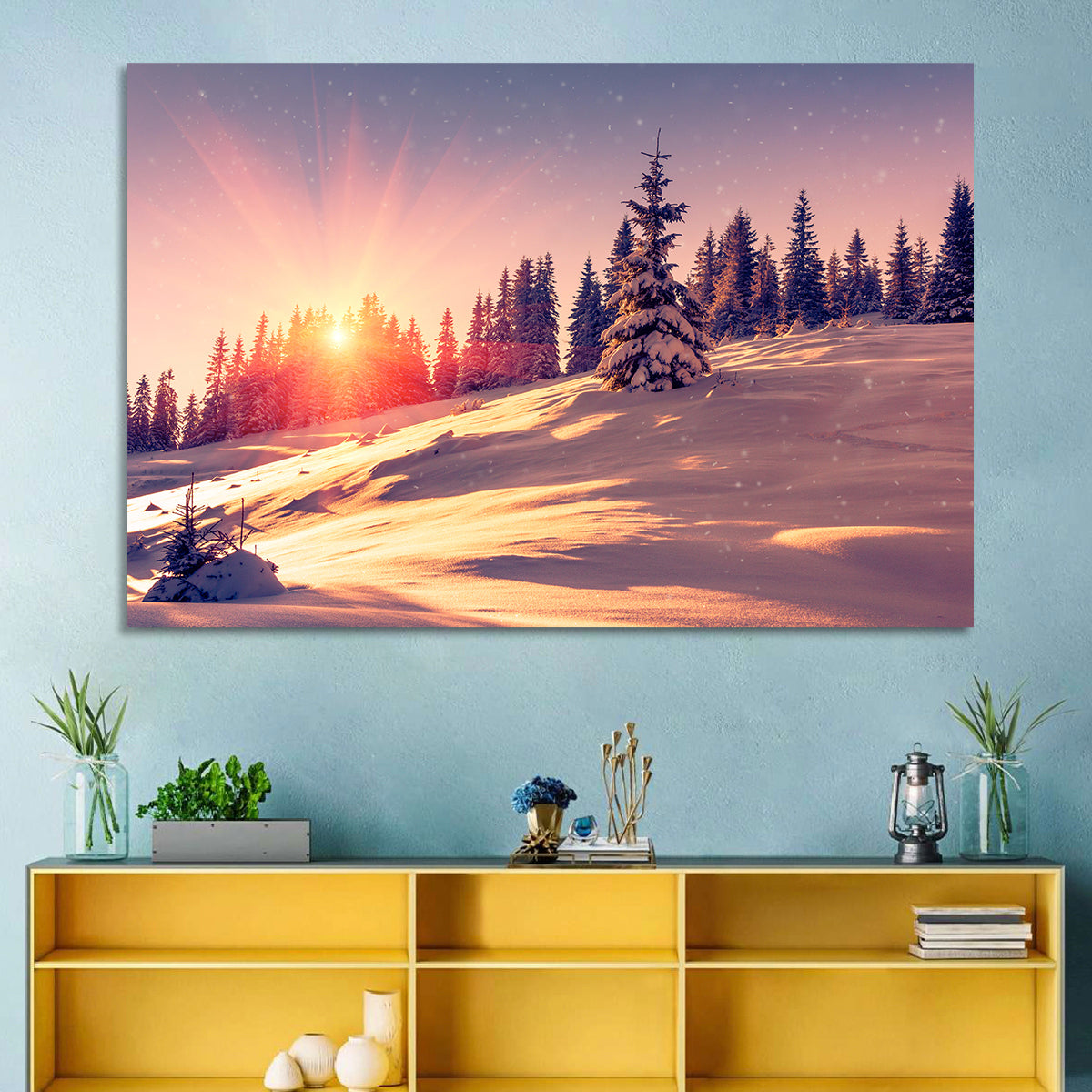 Winter Mountains Sunrise Wall Art in a room, landscape