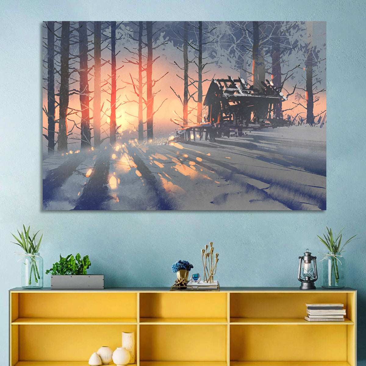 Snowy Forest Cabin at Sunset Wall Art in a room, landscape
