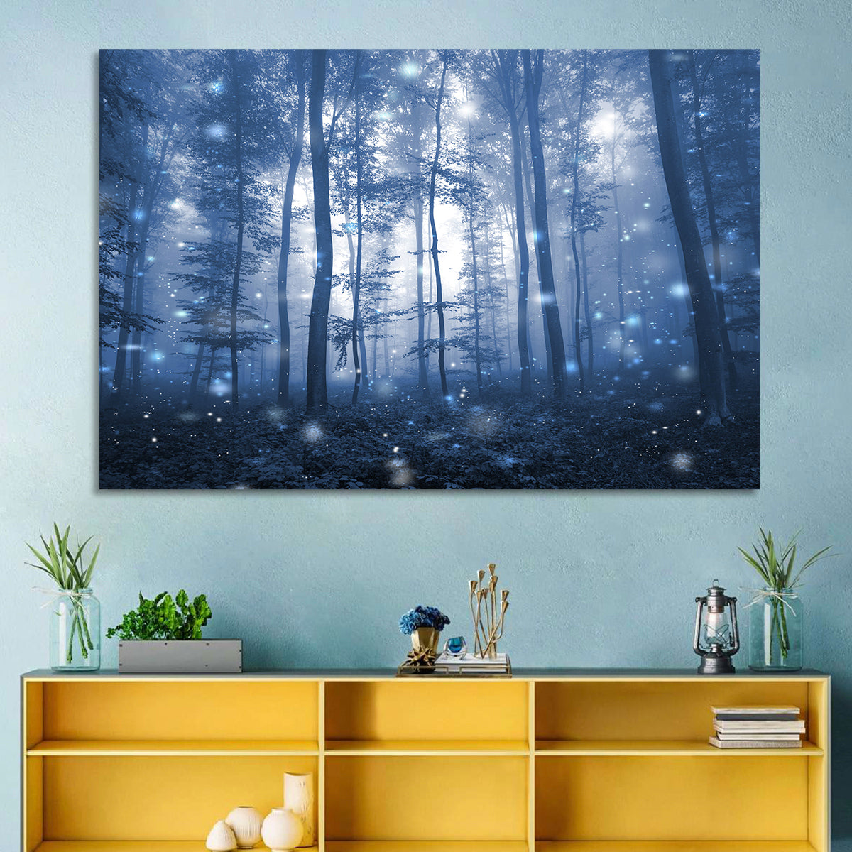 Blue Mist Forest at Twilight Wall Art in a room, landscape