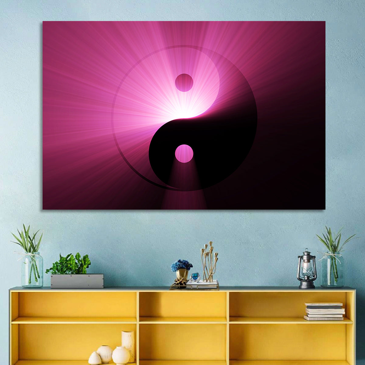 Magenta Yin Yang Symbol Wall Art in a room, landscape