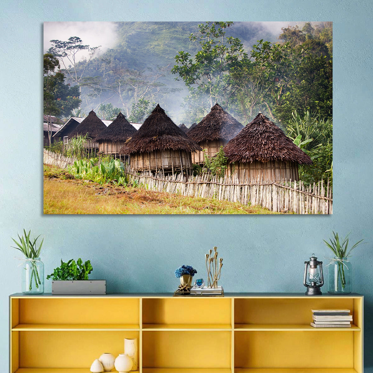Papua Mountain Village Wall Art in a room, landscape