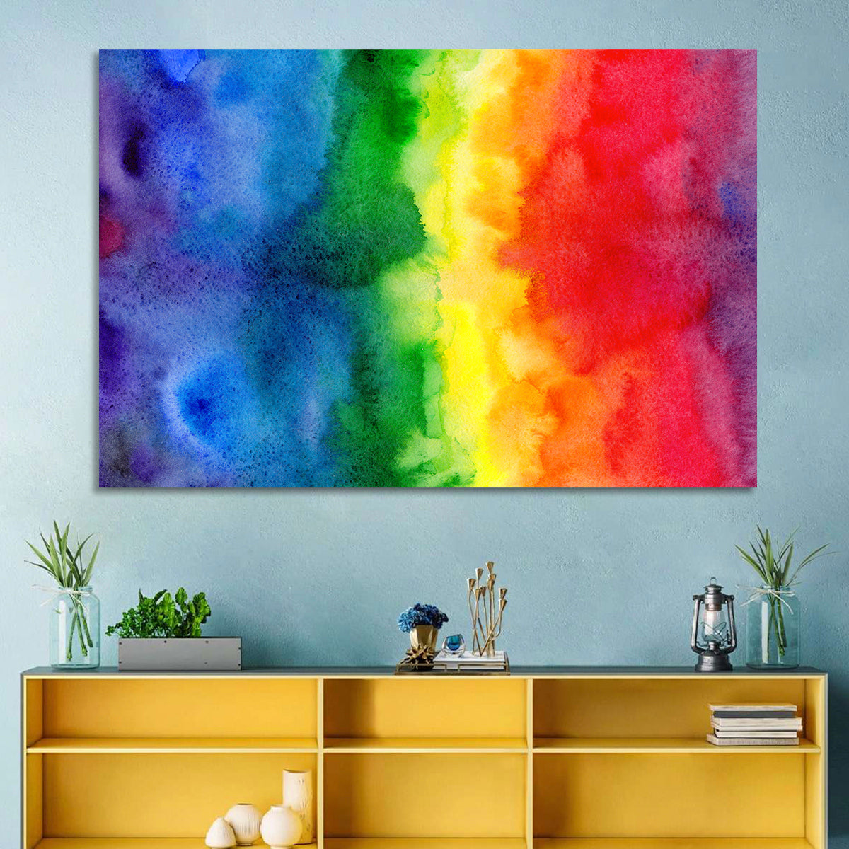 Watercolor Rainbow Gradient Wall Art in a room, landscape