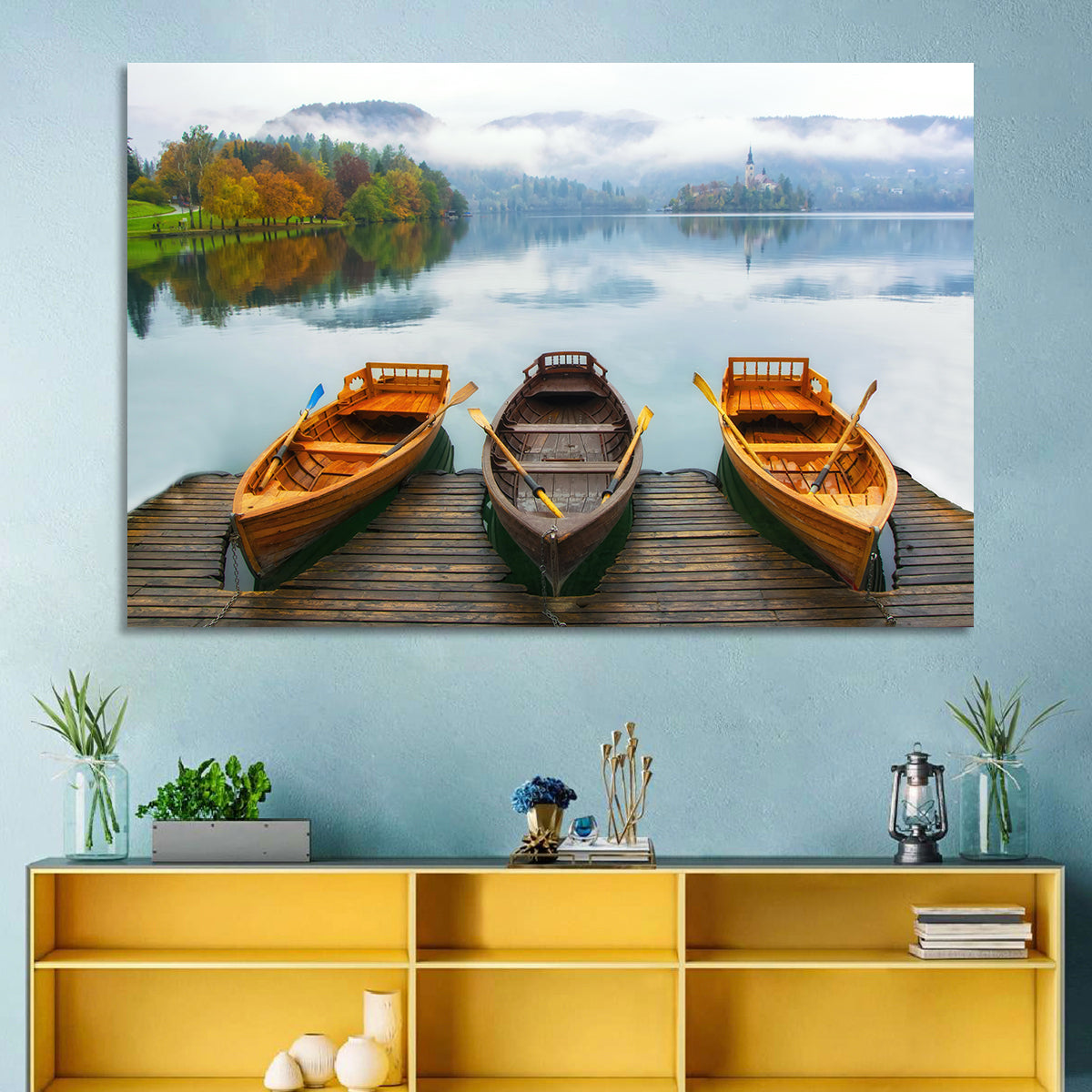 Moored Boats on Misty Lake Bled Wall Art