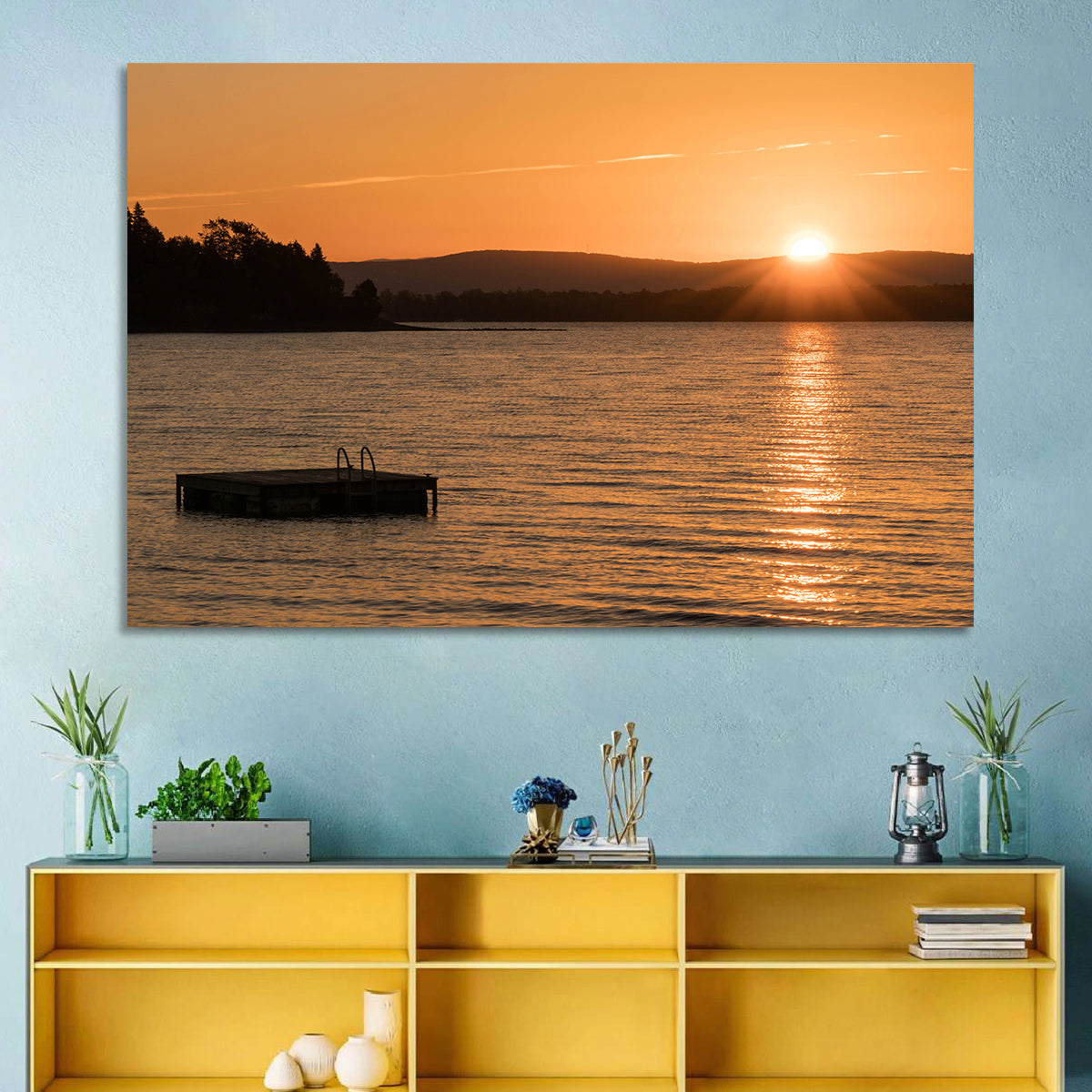 Lake Champlain Sunset Wall Art in a room, landscape