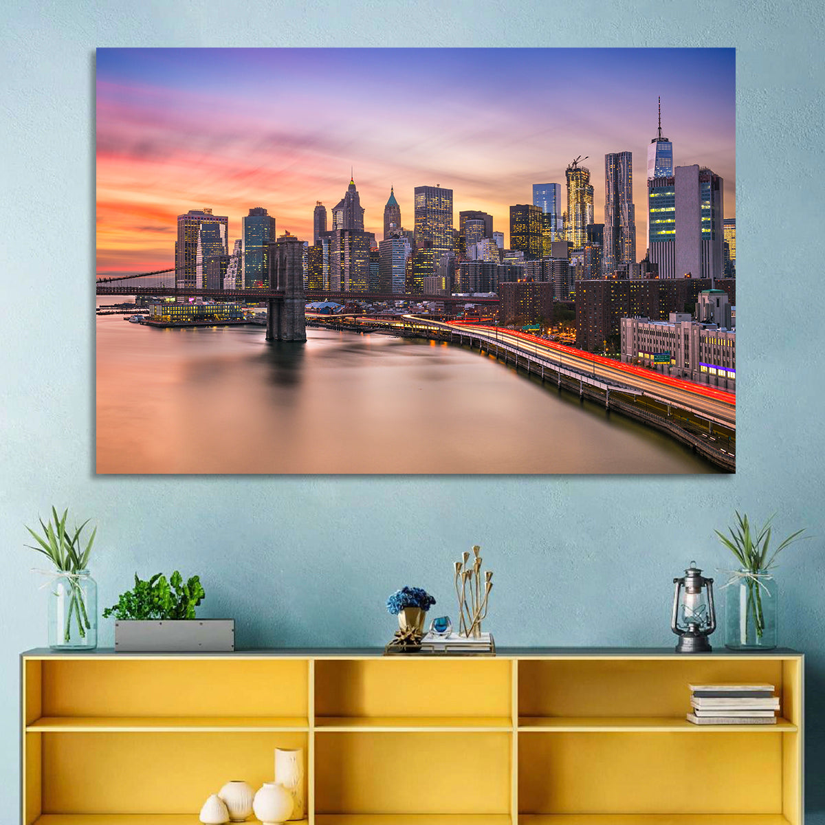 Brooklyn Bridge Light Trails Over Lower Manhattan Wall Art