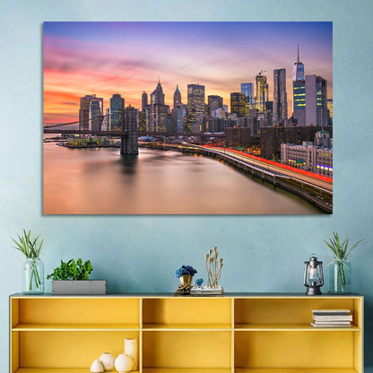 Brooklyn Bridge Light Trails Over Lower Manhattan Wall Art