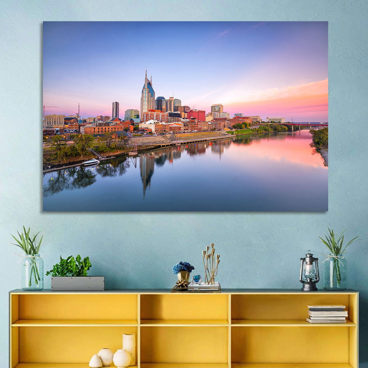 Nashville Skyline at Dusk Wall Art in a room, landscape