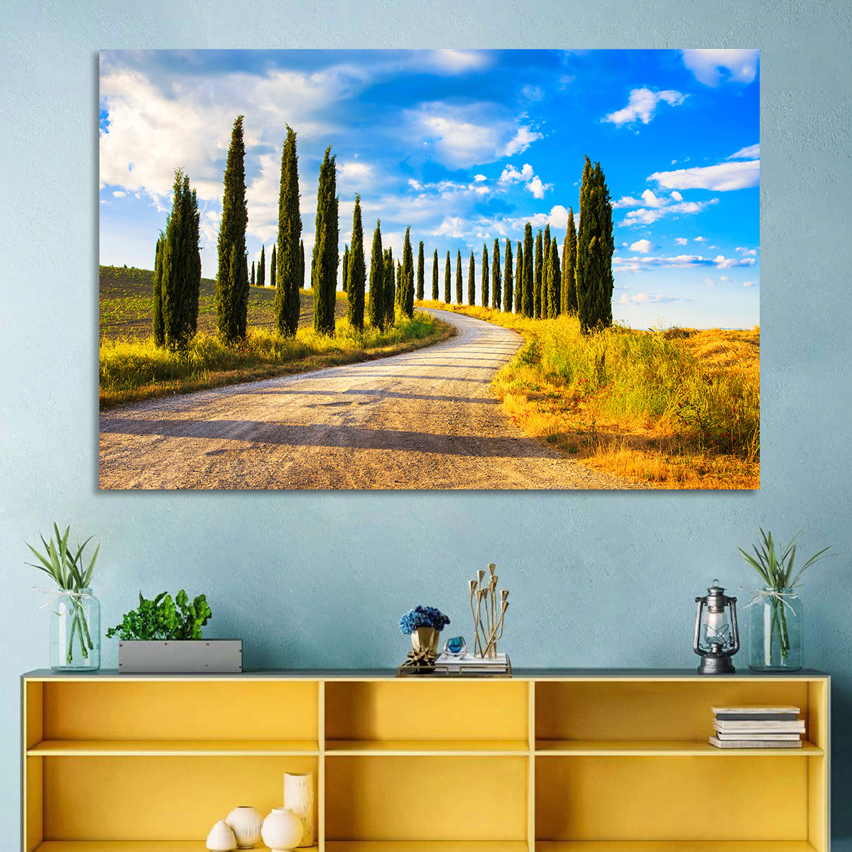 Sunlit Tuscany Cypress Road Wall Art in a room, landscape