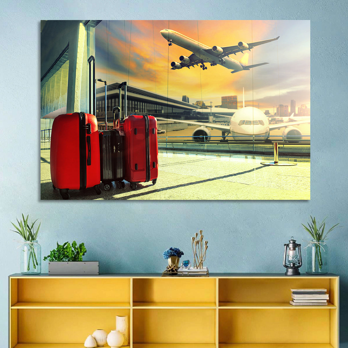 Suitcases at the Airport Window Wall Art in a room, landscape