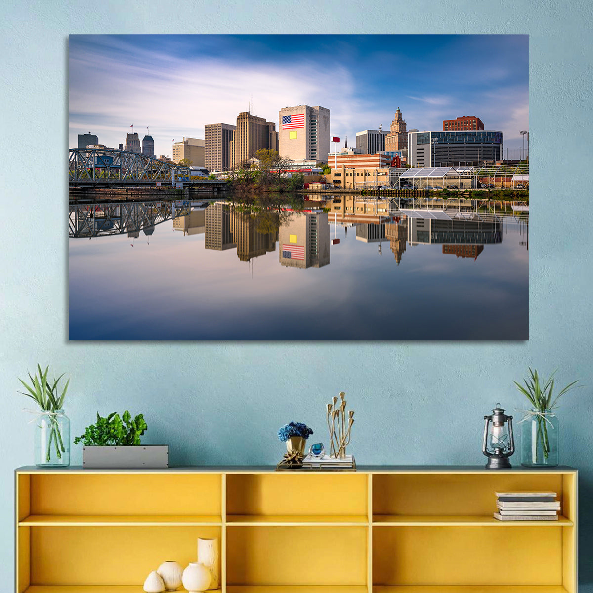 Newark Skyline Reflection Wall Art in a room, landscape