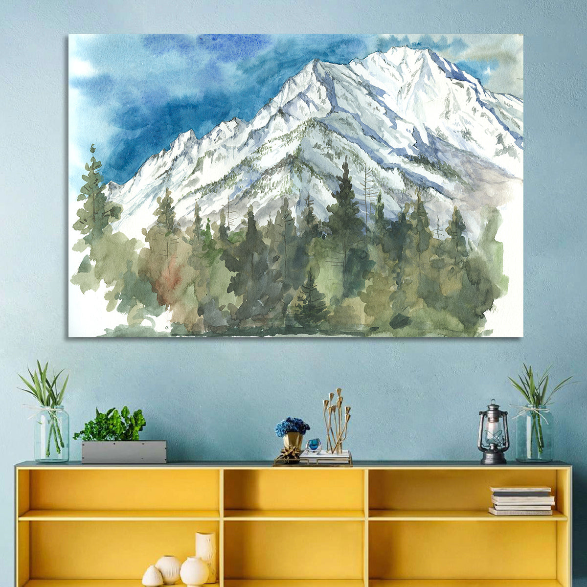 Snowy Mountain Watercolor Wall Art in a room, landscape