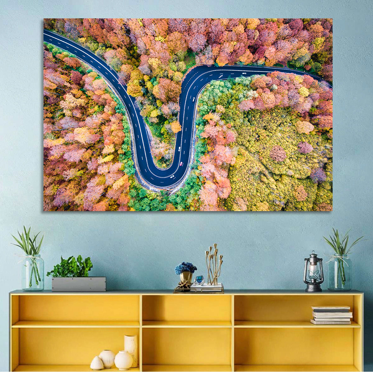 Winding Forest Road Wall Art in a room, landscape