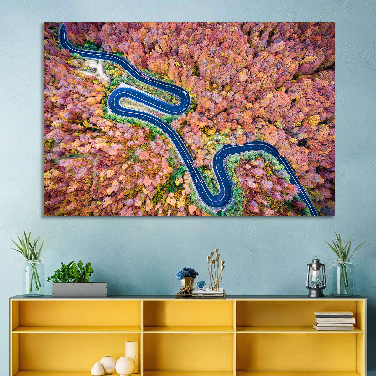 Serpentine Autumn Road Wall Art in a room, landscape