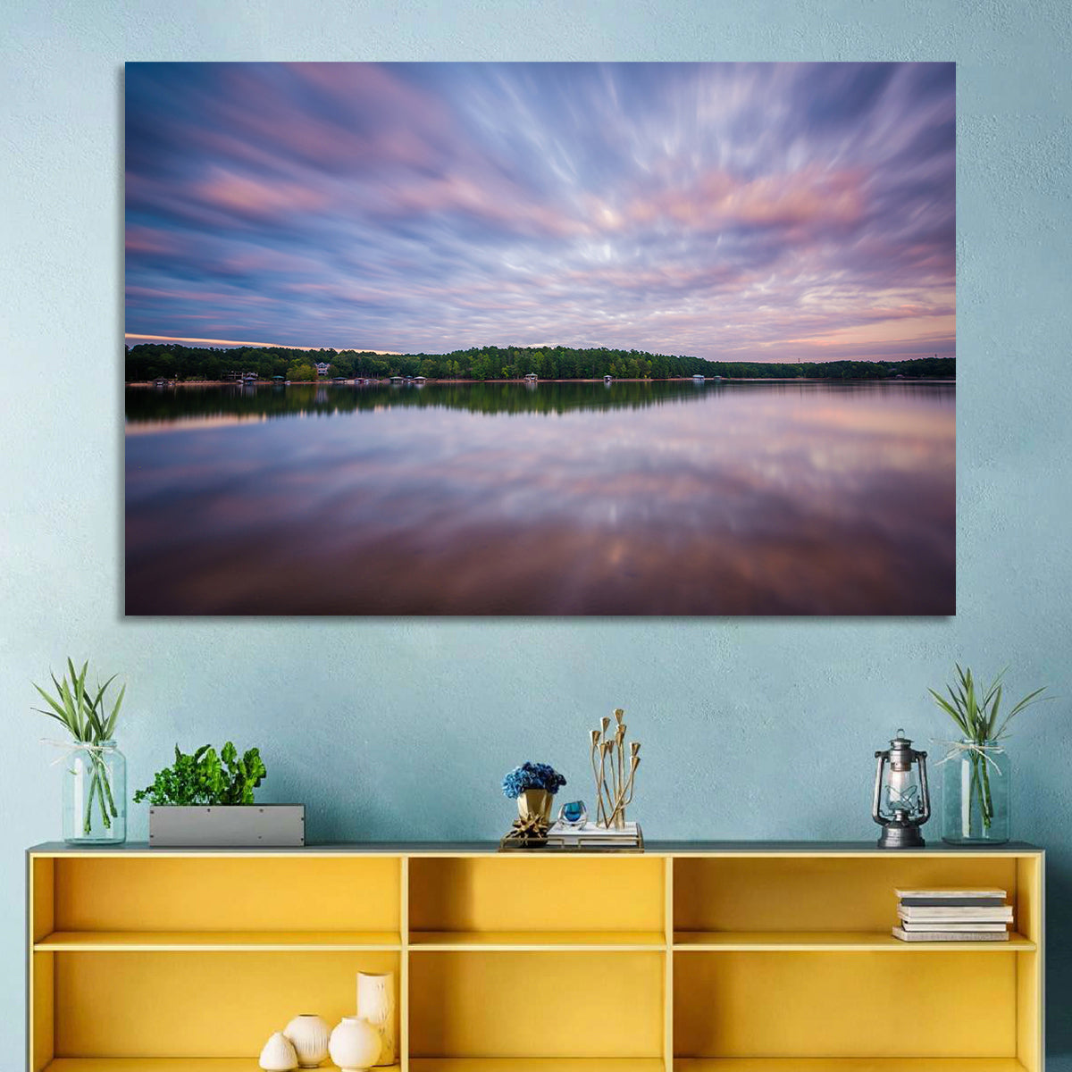 Lake Norman Morning Reflection Wall Art in a room, landscape