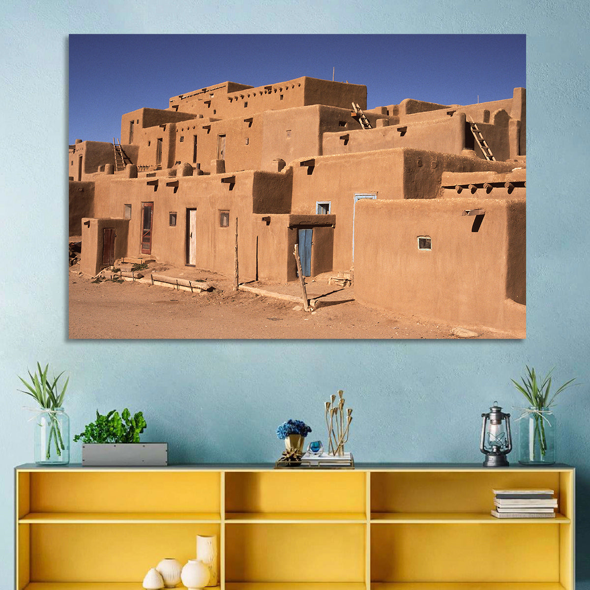 Taos Pueblo North House Wall Art in a room, landscape