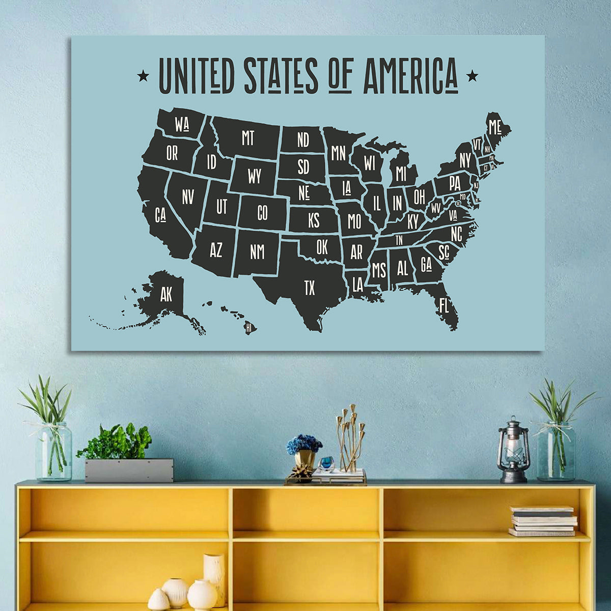 Minimalist USA Map with State Abbreviations Wall Art in a room, landscape