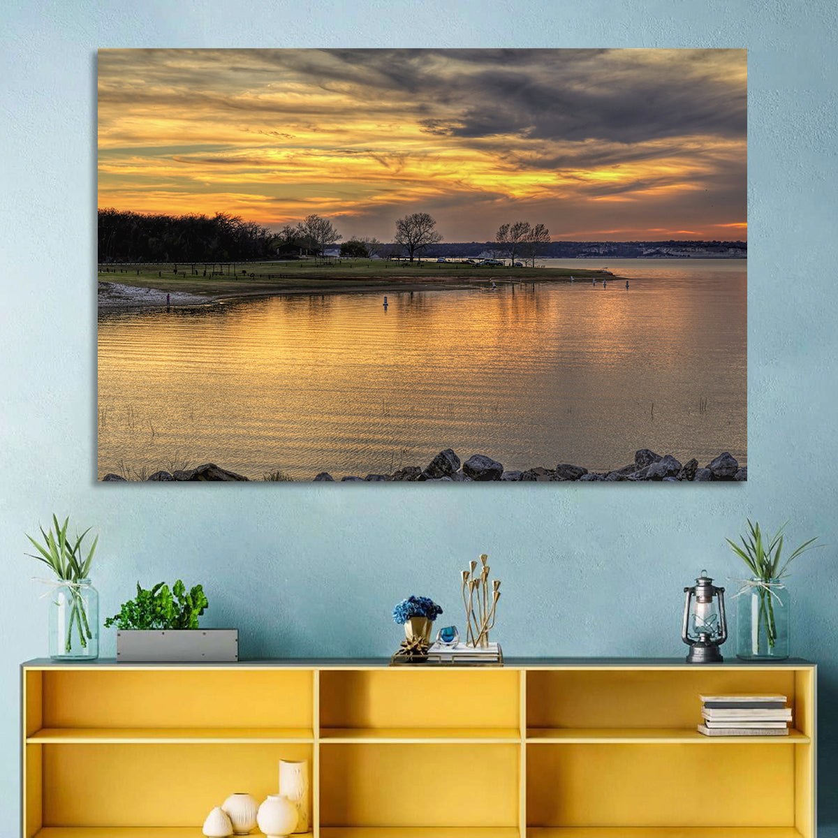 Lake Whitney Sunset Wall Art in a room, landscape