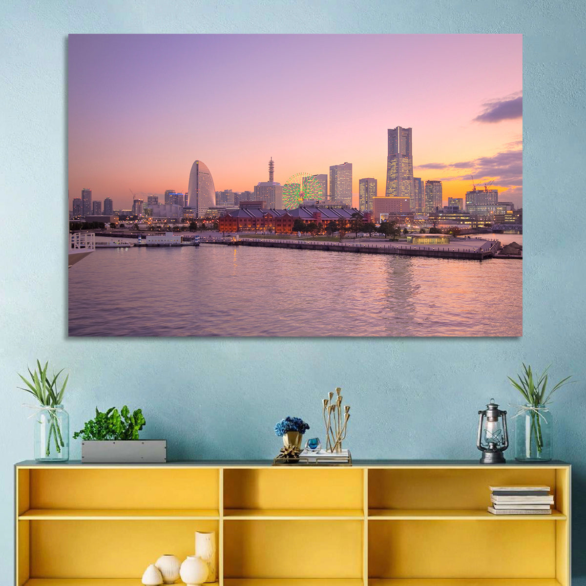 Yokohama Harbor Twilight Wall Art in a room, landscape