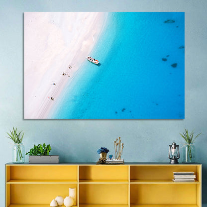 Aerial Beach Bay with White Boat Wall Art