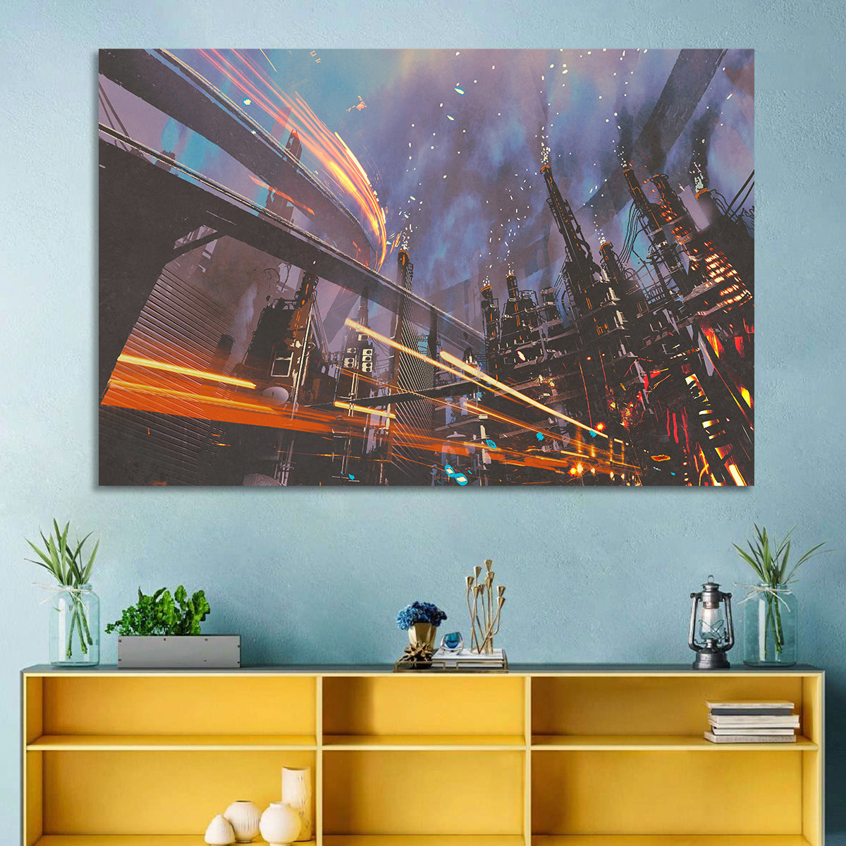 Futuristic Industrial Cityscape Wall Art in a room, landscape