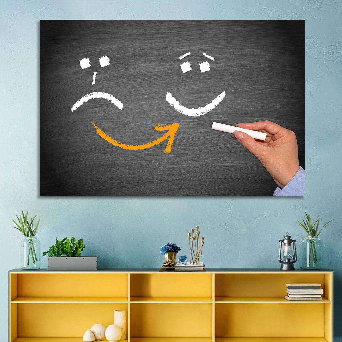 Chalkboard Mood Shift Smiley Arrow Wall Art in a room, landscape