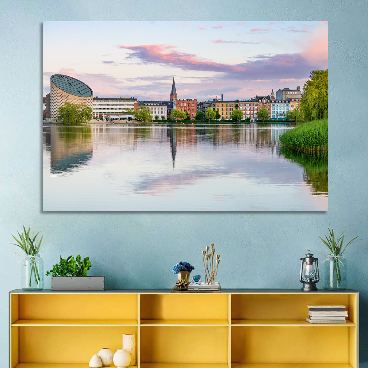 Copenhagen Lake at Sunset Wall Art in a room, landscape
