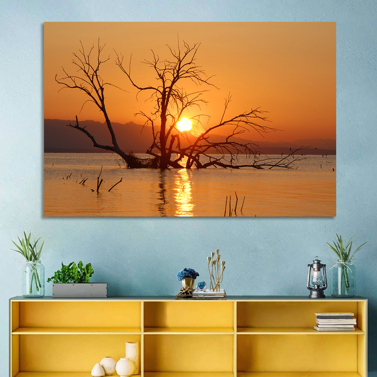 Salton Sea Sunrise Wall Art in a room, landscape