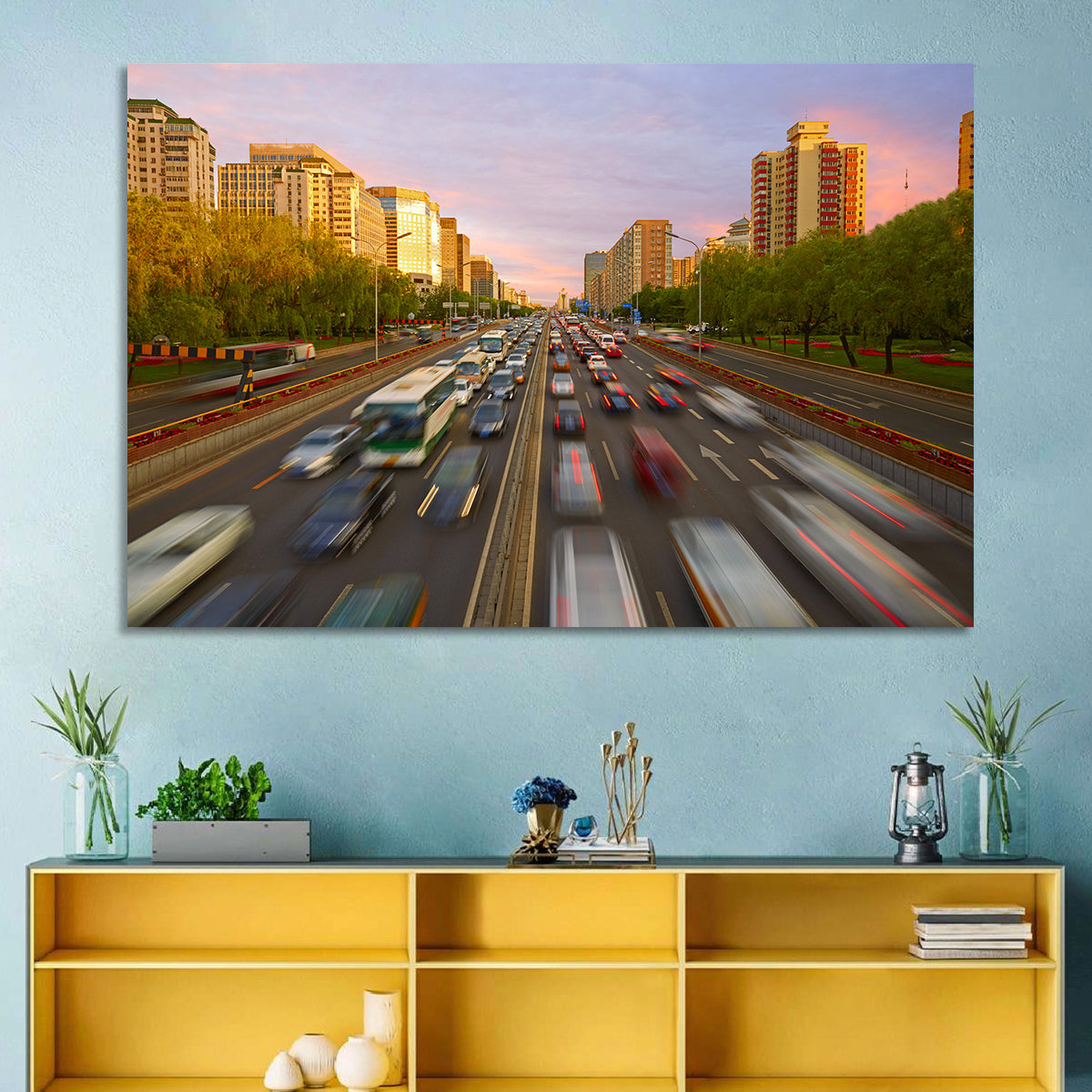 Beijing Sunset Traffic Streaks Wall Art in a room, landscape