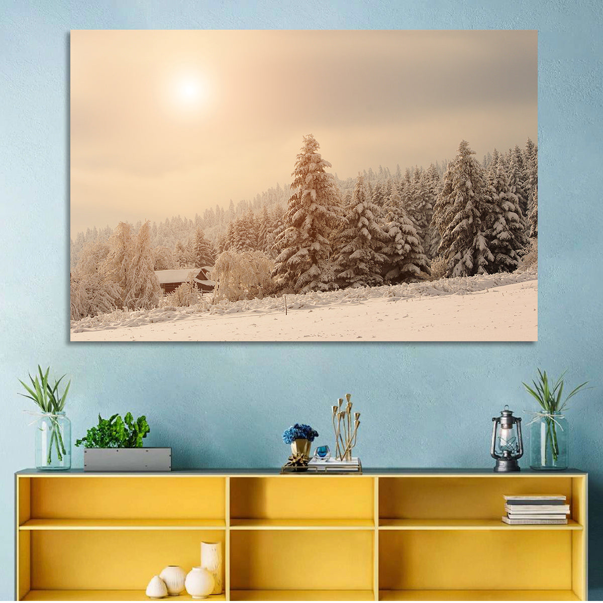 Snowy Pine Forest at Golden Hour Wall Art