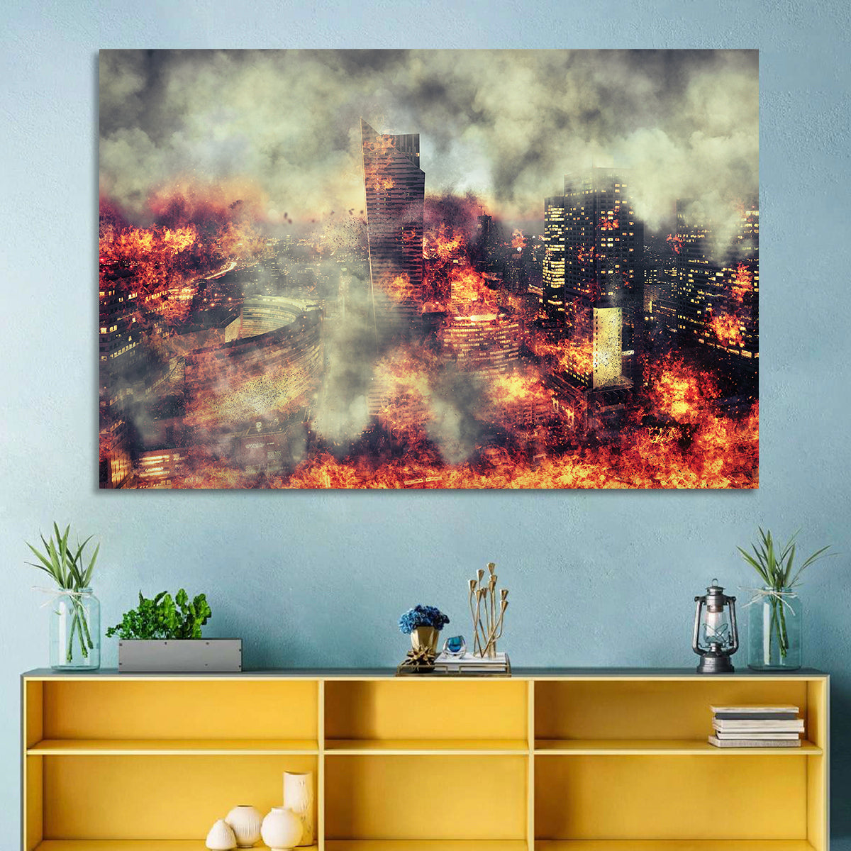 Warsaw Spire Burning City Abstract Wall Art in a room, landscape