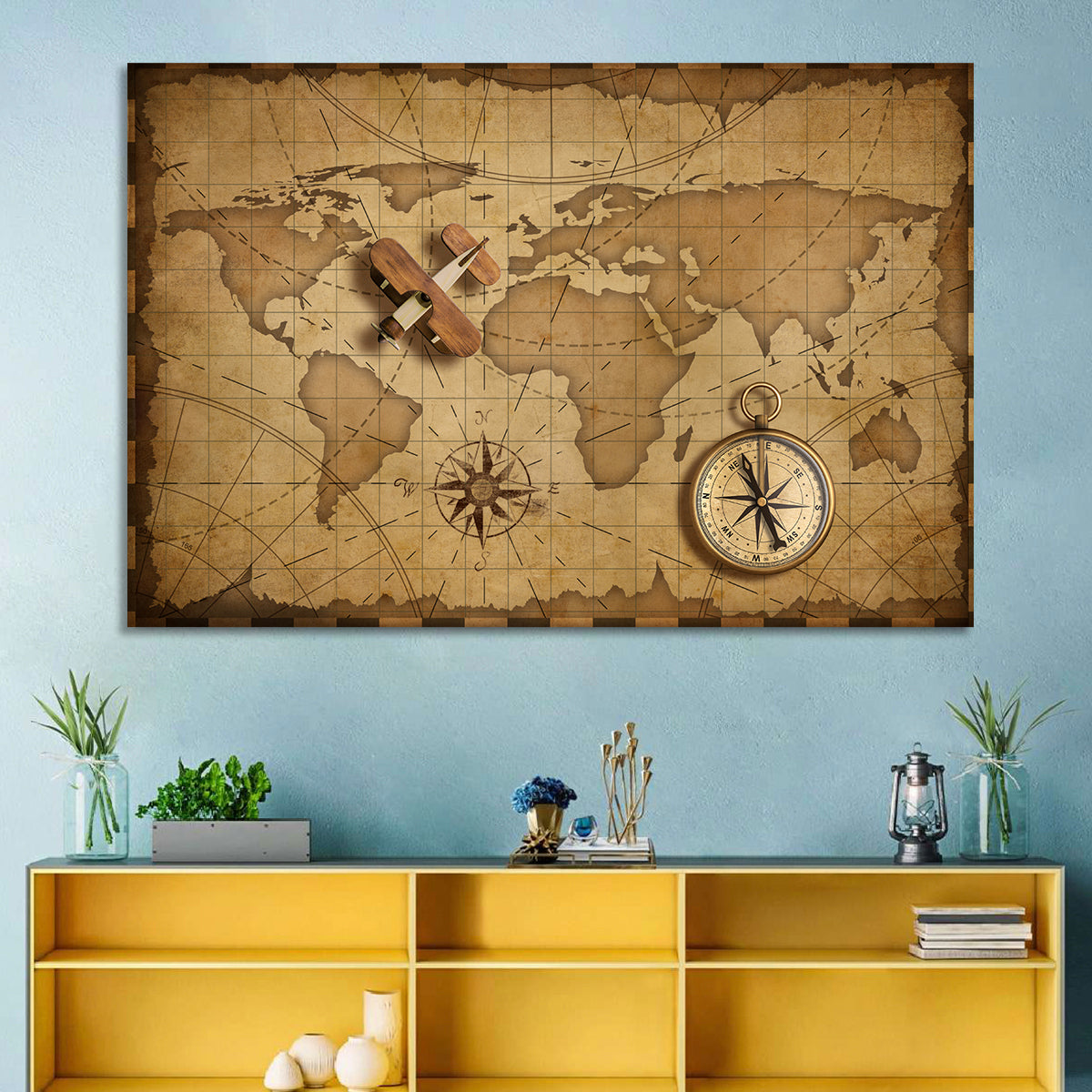 Retro Map with Biplane and Compass Wall Art in a room, landscape